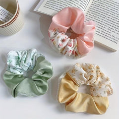 Floral Print Scrunchies Hair Tie Faux Pearl Brim Hair Rope