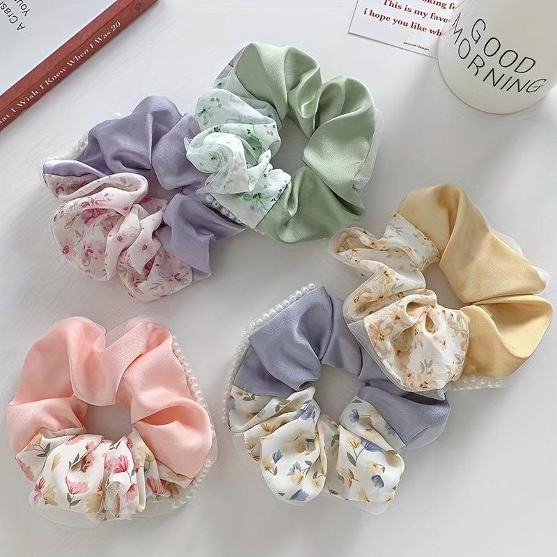 Floral Print Scrunchies Hair Tie Faux Pearl Brim Hair Rope
