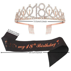 18th Birthday Crown And Sash Set Rhinestone Tiara Glitter Fabric Ribbon