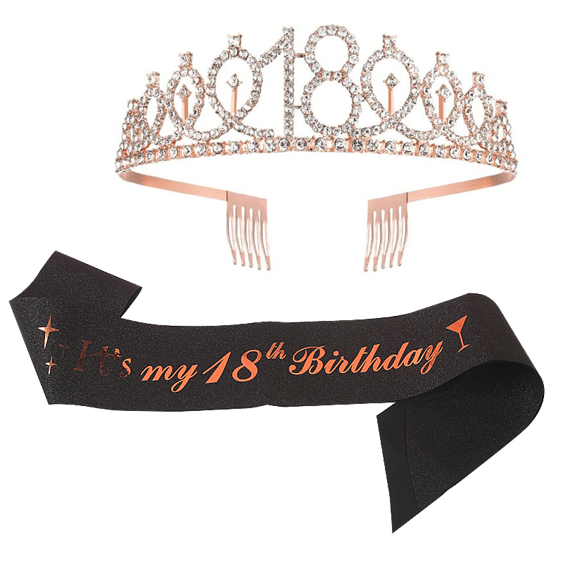 18th Birthday Crown And Sash Set Rhinestone Tiara Glitter Fabric Ribbon