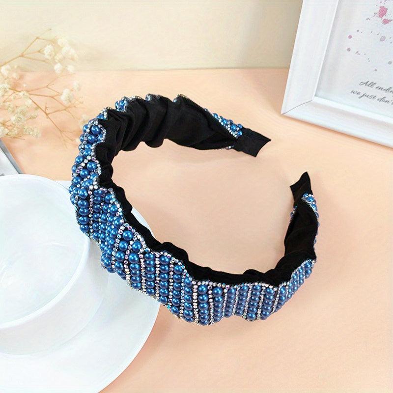 Vintage Faux Pearl Headband Rhinestone Head Hoop Wide Brimmed Headdress