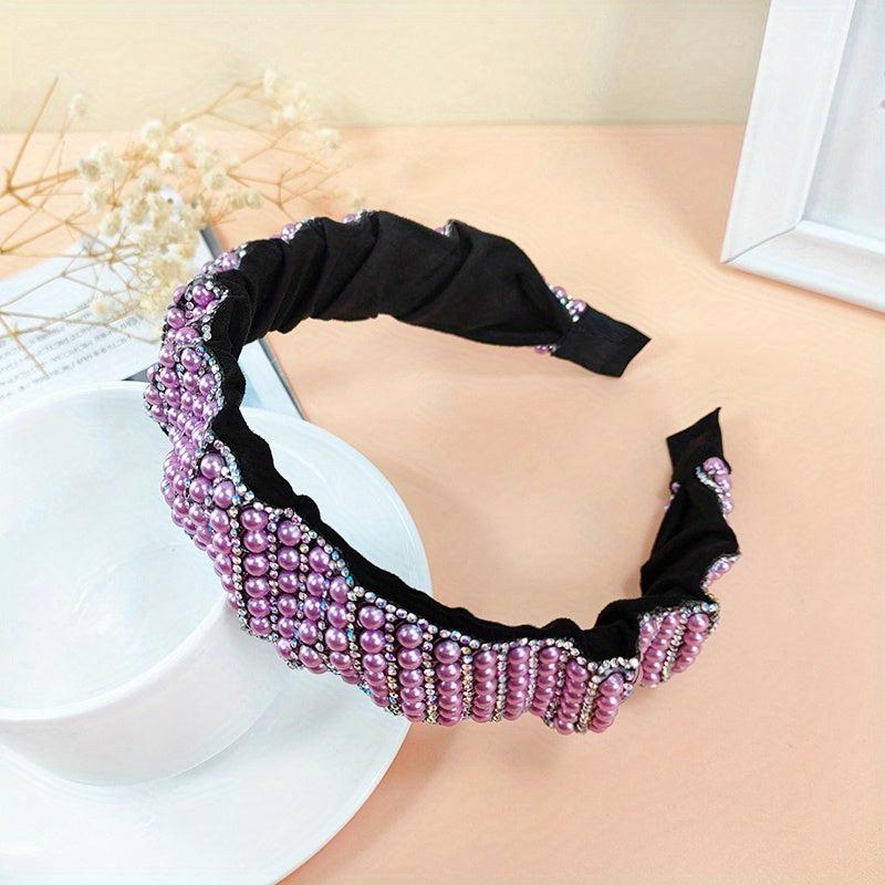 Vintage Faux Pearl Headband Rhinestone Head Hoop Wide Brimmed Headdress