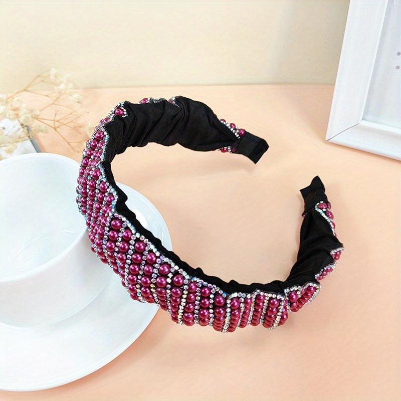 Vintage Faux Pearl Headband Rhinestone Head Hoop Wide Brimmed Headdress