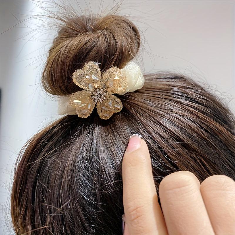 Rhinestone Flower Decor Hair Tie Organza Hair Rope Glitter Ponytail Holder