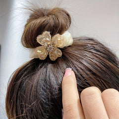 Rhinestone Flower Decor Hair Tie Organza Hair Rope Glitter Ponytail Holder