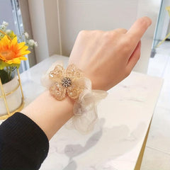 Rhinestone Flower Decor Hair Tie Organza Hair Rope Glitter Ponytail Holder