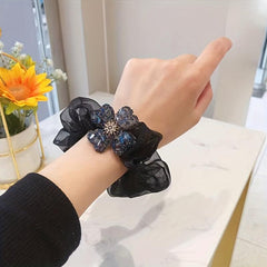 Rhinestone Flower Decor Hair Tie Organza Hair Rope Glitter Ponytail Holder