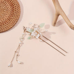 Retro Style Hair Fork Chinese Style Hair Stick Faux Pearl Flower Leaf Decor