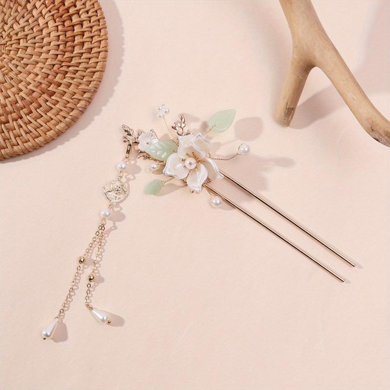 Retro Style Hair Fork Chinese Style Hair Stick Faux Pearl Flower Leaf Decor