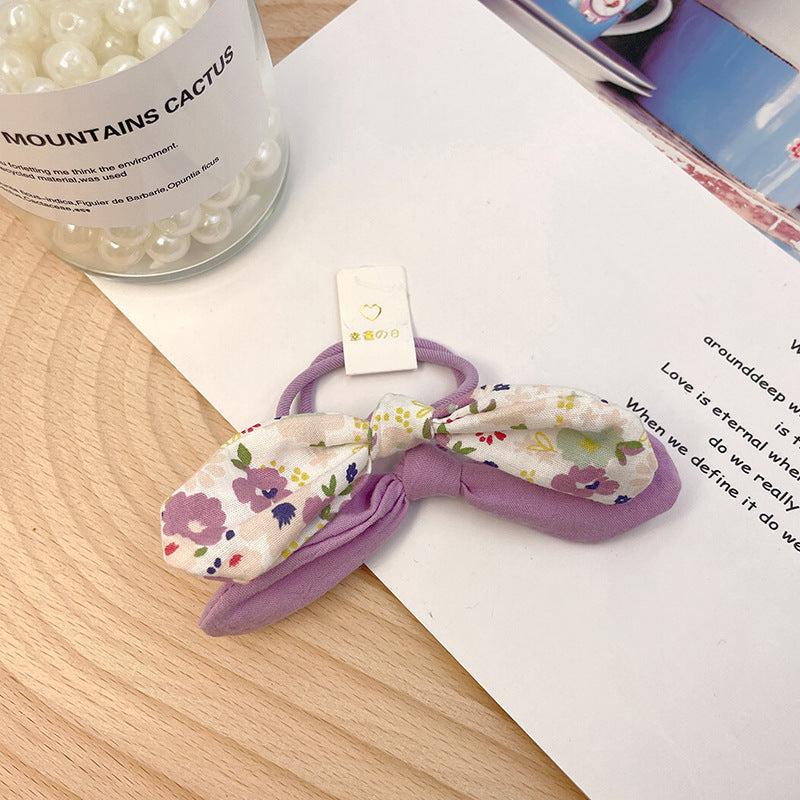 2pcs Floral Print Bow Hair Tie Elastic Ponytail Holder Hair Accessories