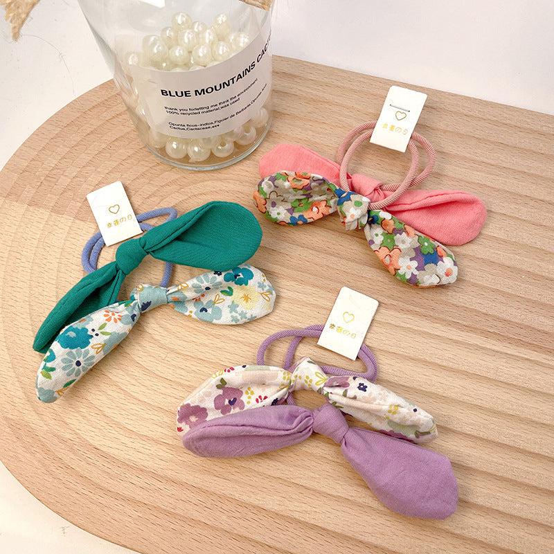 2pcs Floral Print Bow Hair Tie Elastic Ponytail Holder Hair Accessories