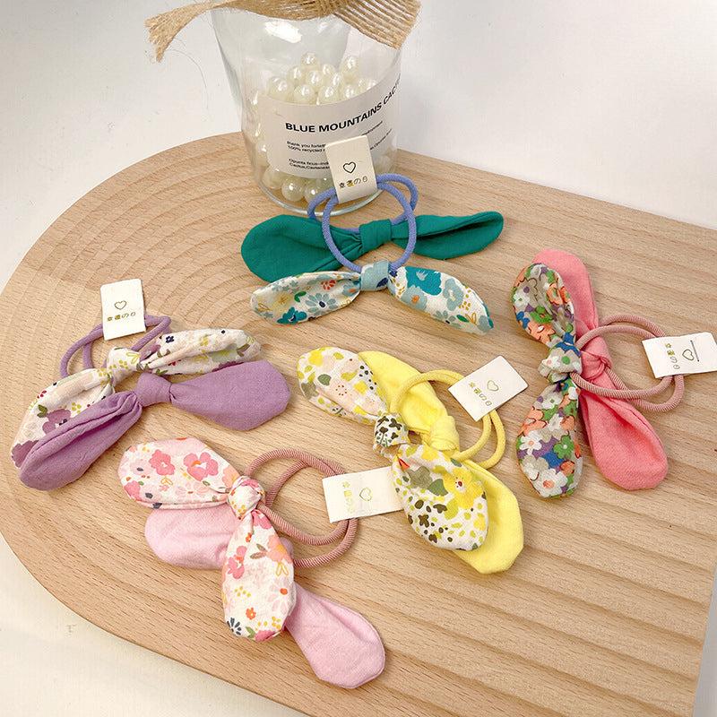 2pcs Floral Print Bow Hair Tie Elastic Ponytail Holder Hair Accessories