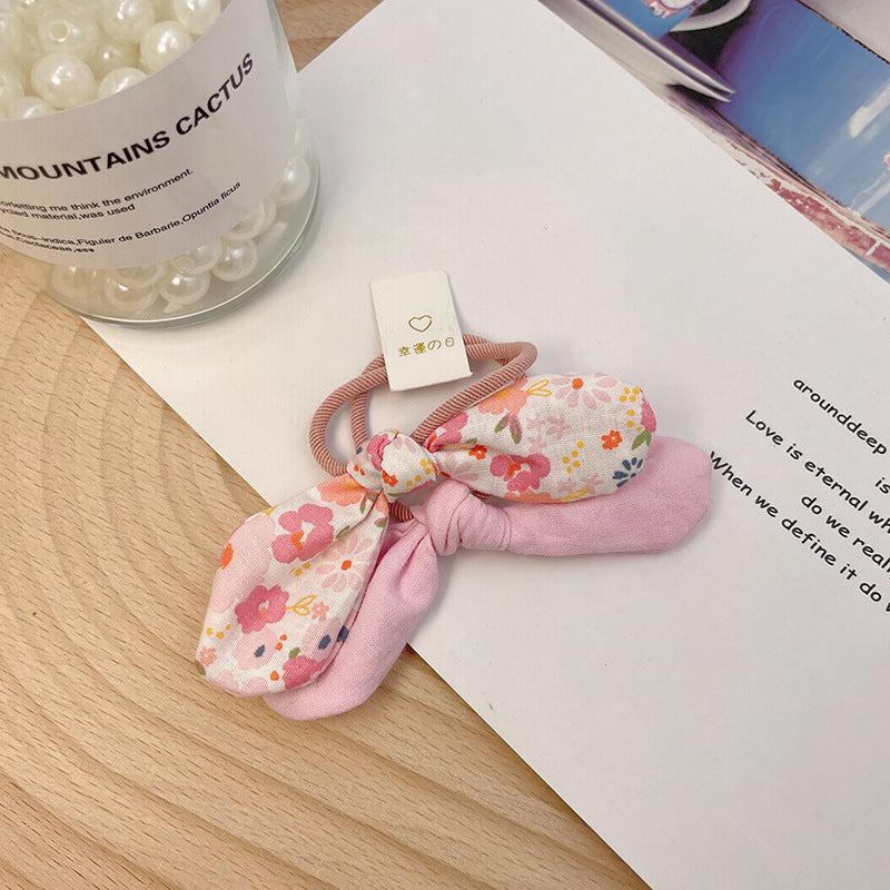 2pcs Floral Print Bow Hair Tie Elastic Ponytail Holder Hair Accessories