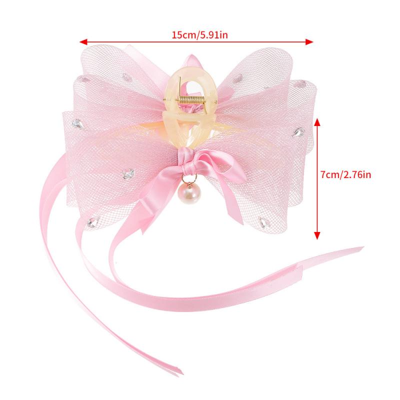 Mesh Bow Hair Claw With Faux Pearl and Ribbon Hair Accessories