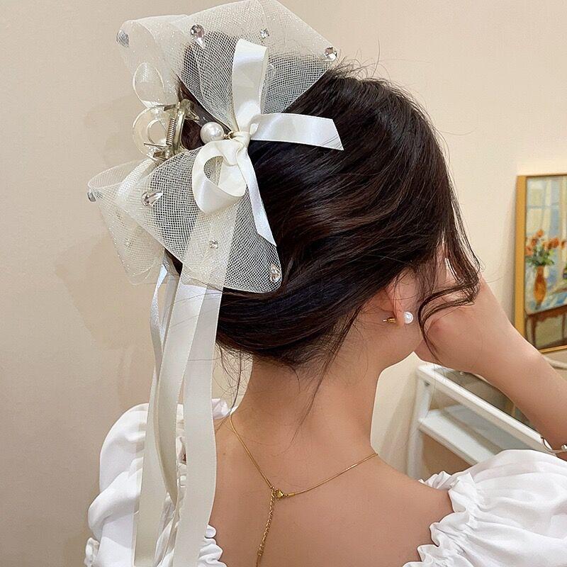 Mesh Bow Hair Claw With Faux Pearl and Ribbon Hair Accessories