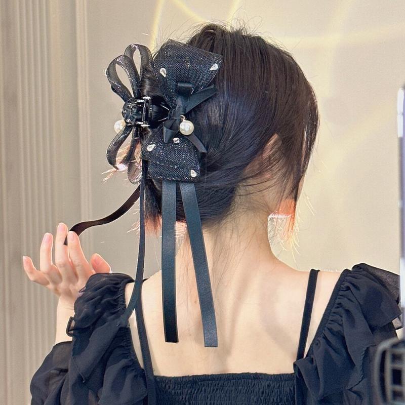 Mesh Bow Hair Claw With Faux Pearl and Ribbon Hair Accessories