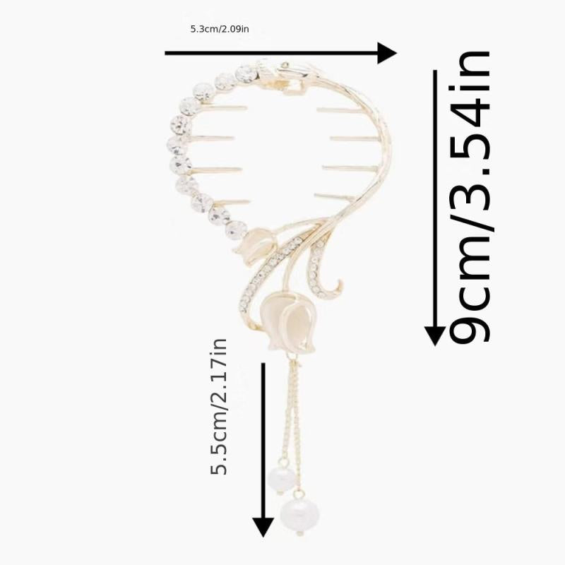Opal Flower Hair Claw with Faux Pearl Tassel - Women Girls Hair Clip