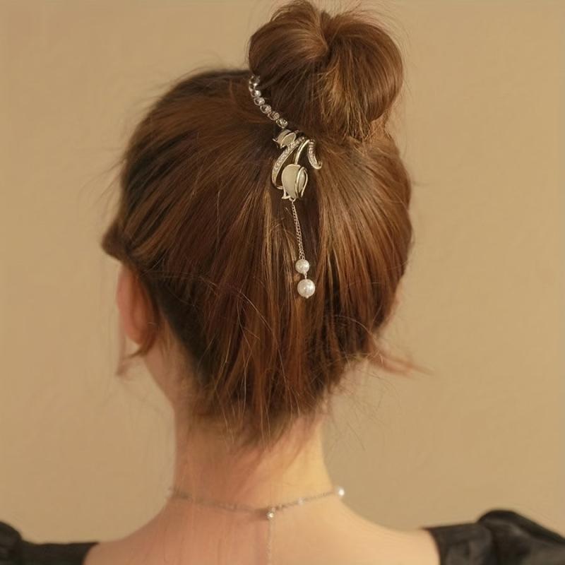 Opal Flower Hair Claw with Faux Pearl Tassel - Women Girls Hair Clip