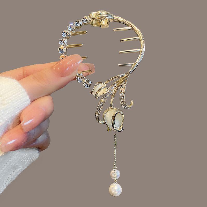 Opal Flower Hair Claw with Faux Pearl Tassel - Women Girls Hair Clip