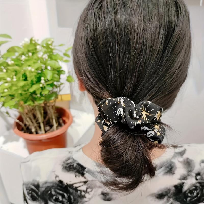 2pcs Boho Flower Print Scrunchies Hair Tie Vintage Sparkle Hair Rope