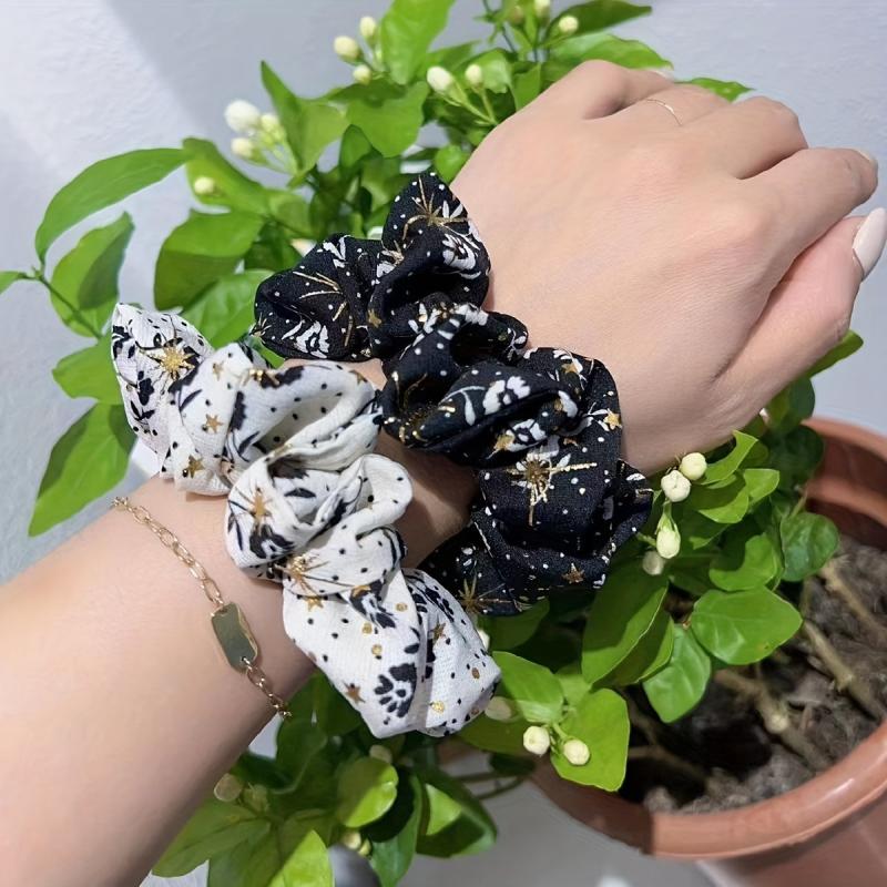 2pcs Boho Flower Print Scrunchies Hair Tie Vintage Sparkle Hair Rope
