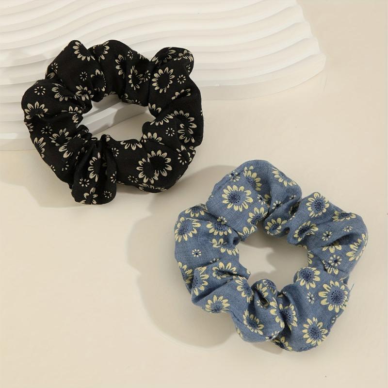 2pcs Boho Flower Print Scrunchies Hair Tie Vintage Sparkle Hair Rope