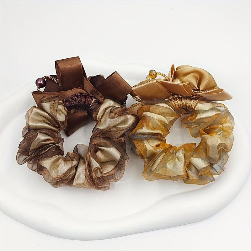 2pcs Large Silk Flower Hair Rope Scrunchies Coffee