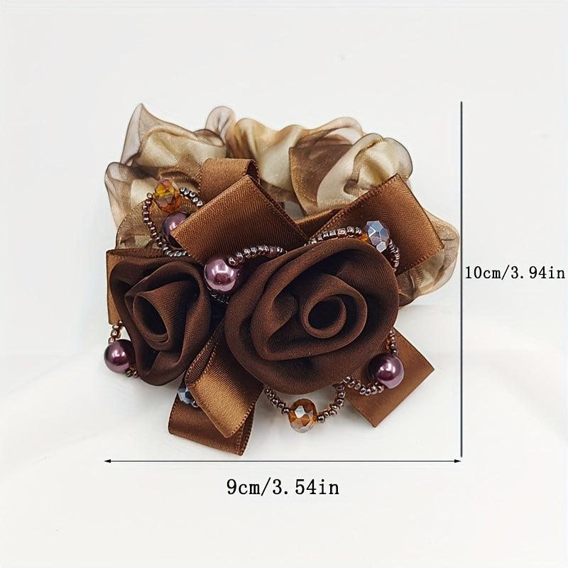 2pcs Large Silk Flower Hair Rope Scrunchies Coffee