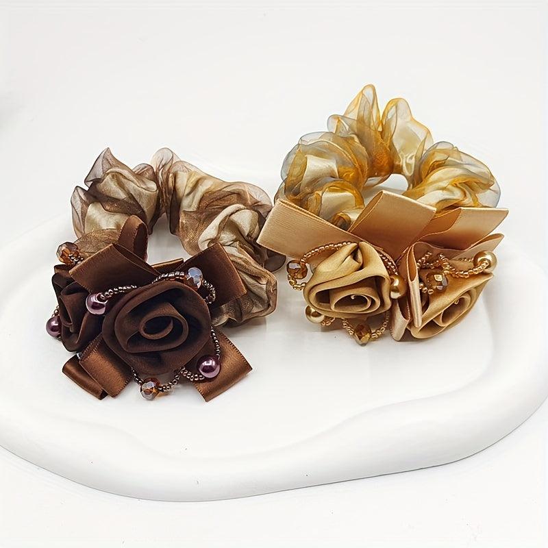 2pcs Large Silk Flower Hair Rope Scrunchies Coffee