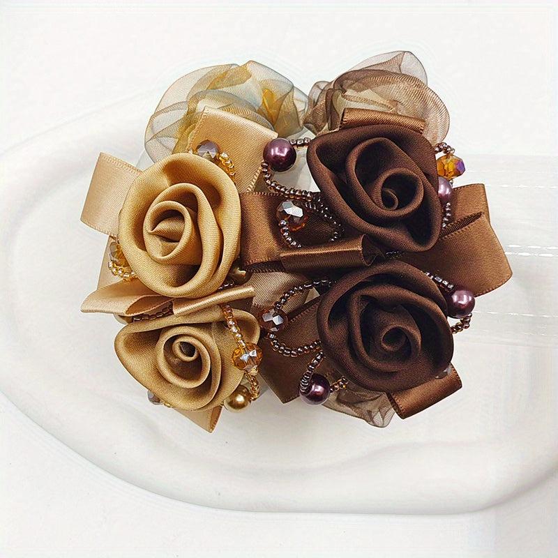 2pcs Large Silk Flower Hair Rope Scrunchies Coffee