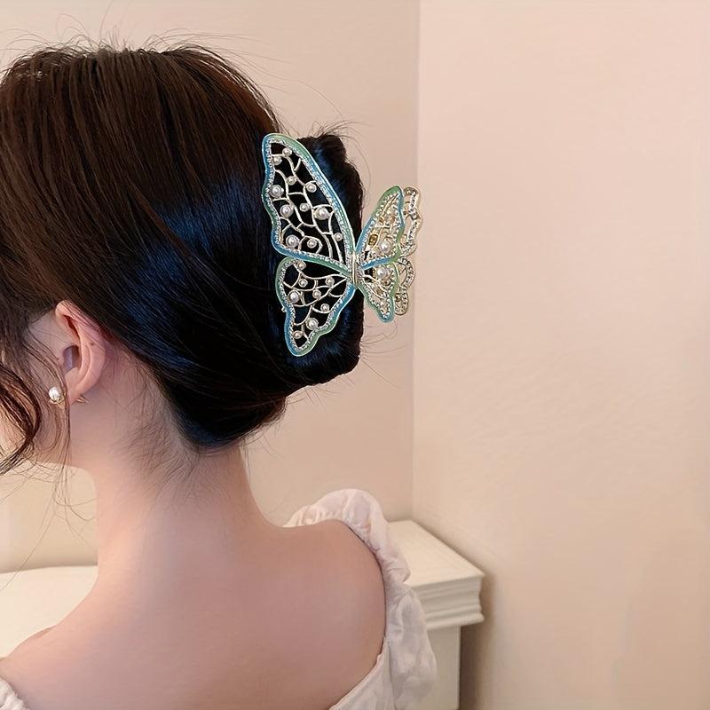 Butterfly Faux Pearl Hair Claw Rhinestone Back Head Clip Female