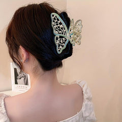 Butterfly Faux Pearl Hair Claw Rhinestone Back Head Clip Female