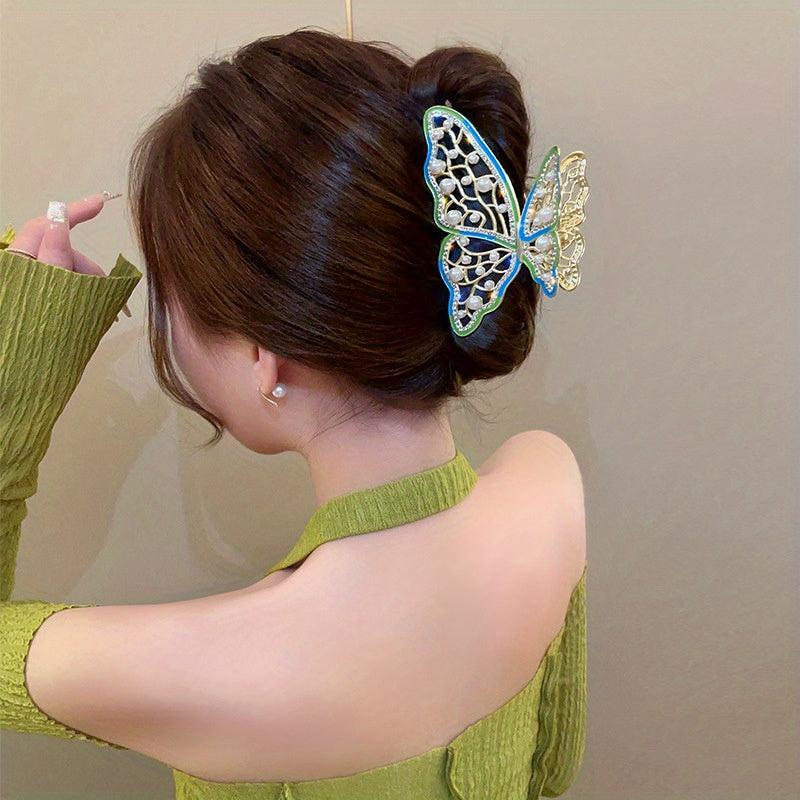 Butterfly Faux Pearl Hair Claw Rhinestone Back Head Clip Female