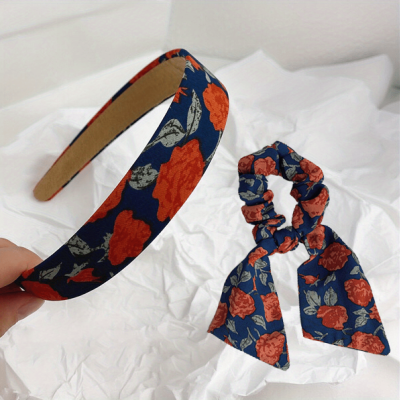 Retro Flower Print Headband Set Hair Accessories For Women Girls