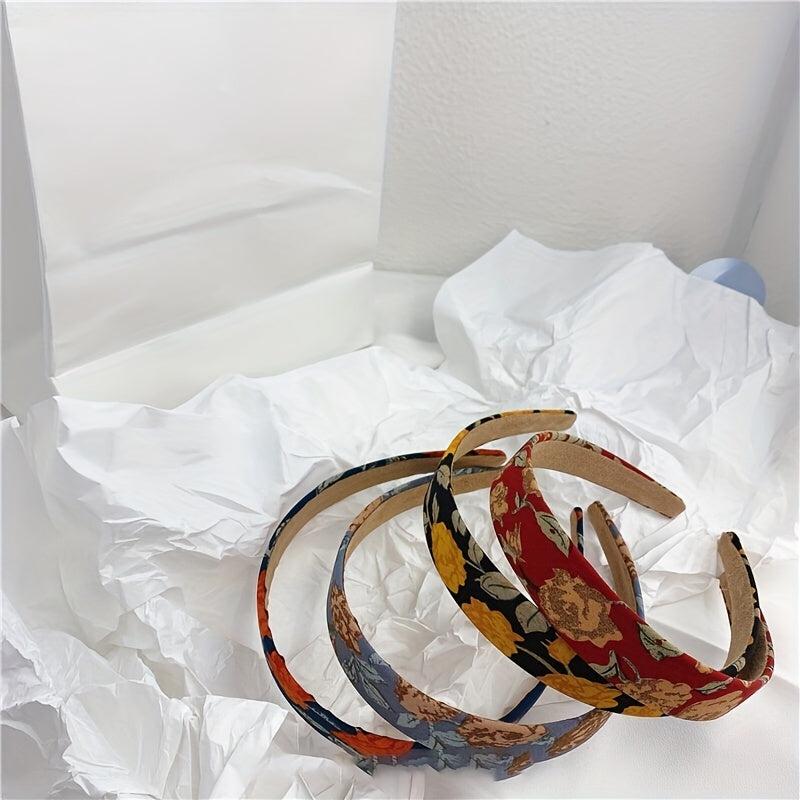 Retro Flower Print Headband Set Hair Accessories For Women Girls