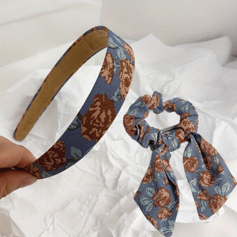 Retro Flower Print Headband Set Hair Accessories For Women Girls