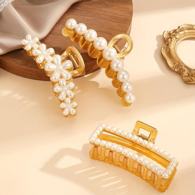3pcs Large Faux Pearl Hair Claw Metal Ponytail Holder Hair Accessories