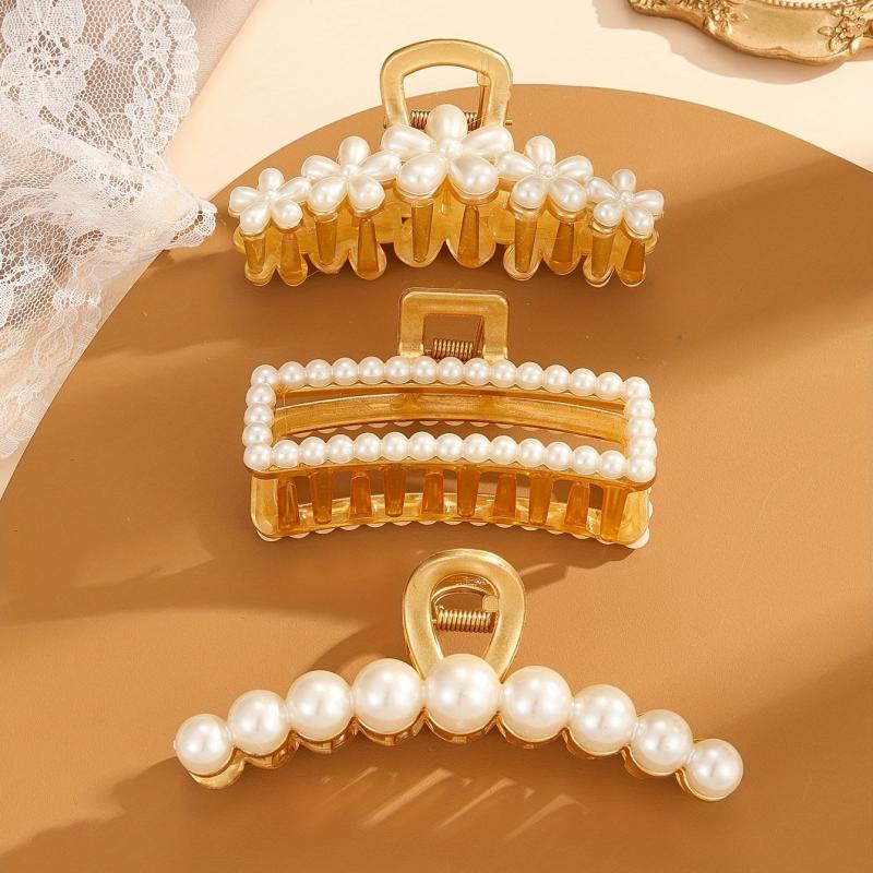 3pcs Large Faux Pearl Hair Claw Metal Ponytail Holder Hair Accessories