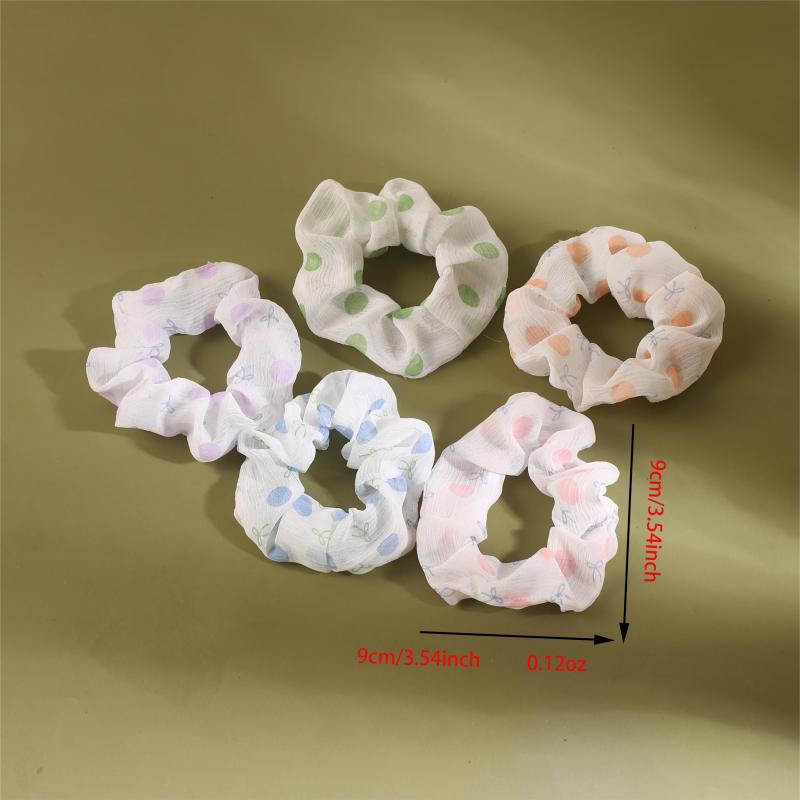 5pcs Strawberry Print Scrunchies Hair Tie Polka Dot Pattern Ponytail Holder