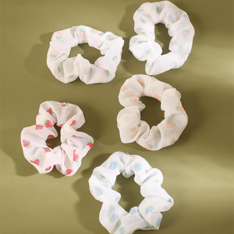 5pcs Strawberry Print Scrunchies Hair Tie Polka Dot Pattern Ponytail Holder