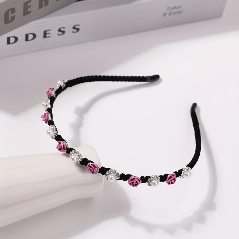 Faux Pearl Rhinestone Headband Flower Decor Head Hoop Hair Band