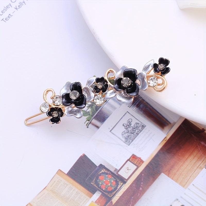 Enamel Flower Hair Clip with Rhinestone Inlay