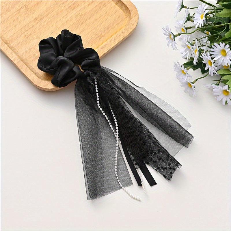 Mesh Streamer Pearl Tassel Large Scrunchie Ponytail Hair Rope