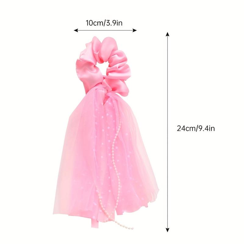 Mesh Streamer Pearl Tassel Large Scrunchie Ponytail Hair Rope