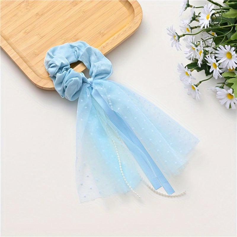 Mesh Streamer Pearl Tassel Large Scrunchie Ponytail Hair Rope