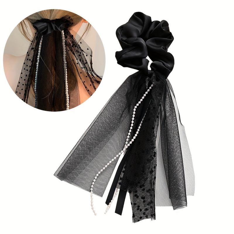 Mesh Streamer Pearl Tassel Large Scrunchie Ponytail Hair Rope