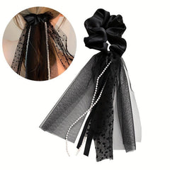 Mesh Streamer Pearl Tassel Large Scrunchie Ponytail Hair Rope