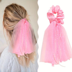 Mesh Streamer Pearl Tassel Large Scrunchie Ponytail Hair Rope