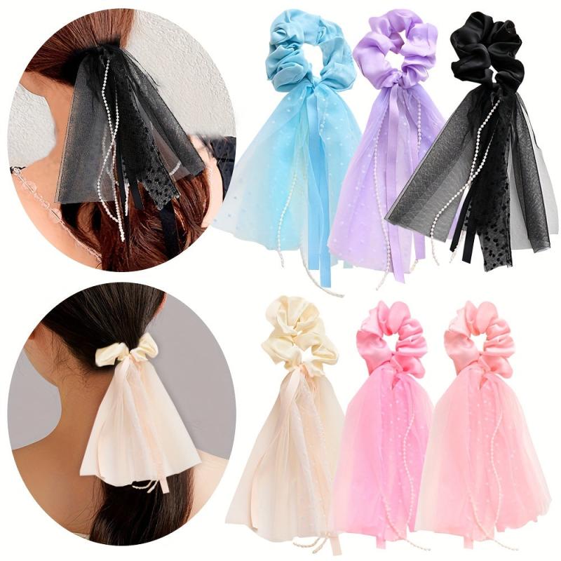Mesh Streamer Pearl Tassel Large Scrunchie Ponytail Hair Rope