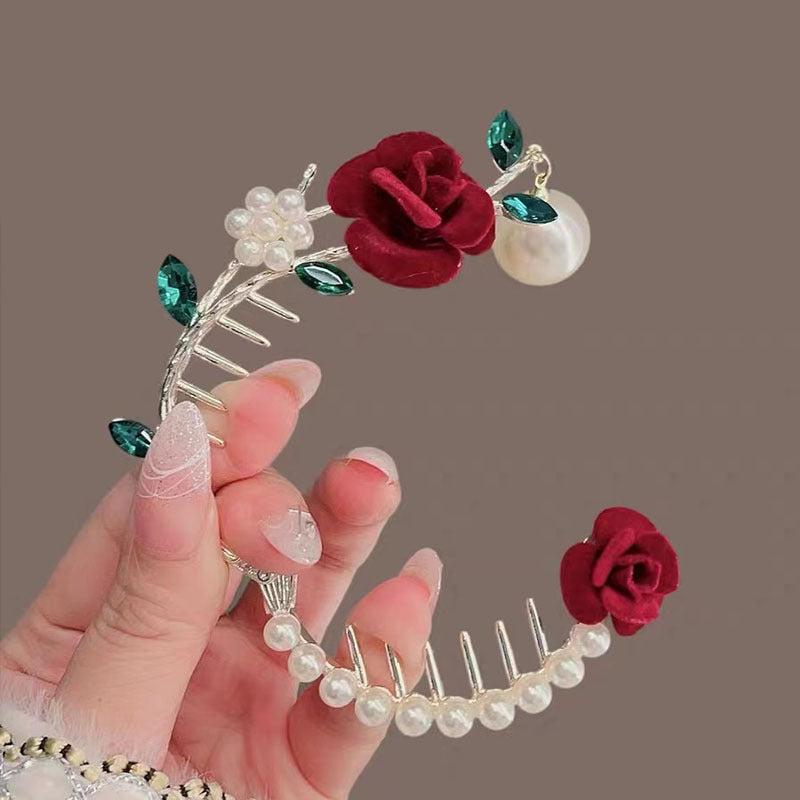 Rose Flower Hair Claw Banana Clip with Faux Pearl Pendant